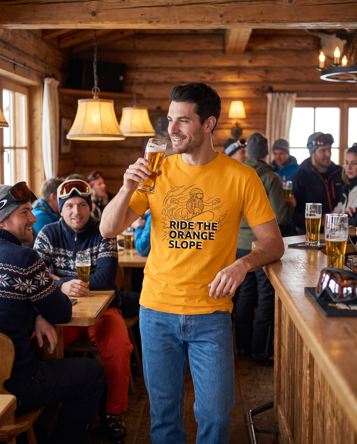 Ride The Orange Slope Snowboard Men's Bitcoin T-shirt on a orange t-shirt, apres-ski hut