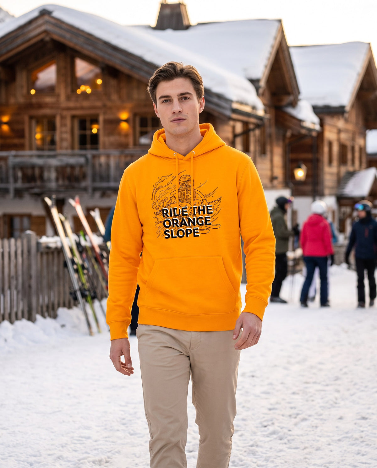 Ride The Orange Slope Ski Men's Bitcoin Hoodie on a orange hoodie, alpine village