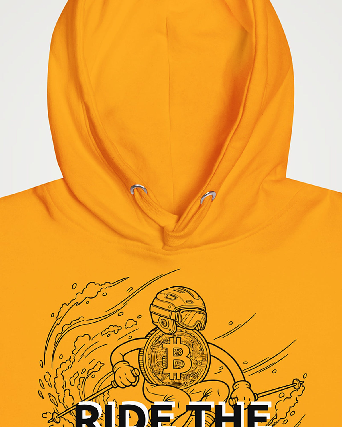 Ride The Orange Slope Ski Men's Bitcoin Hoodie on a orange hoodie, detail view