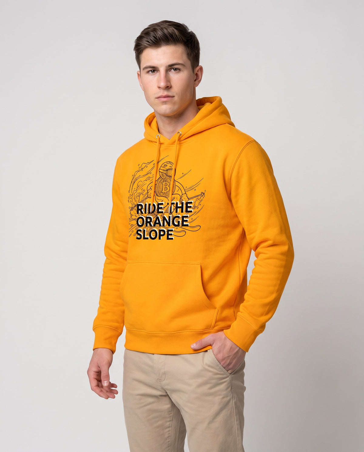 Ride The Orange Slope Ski Men's Bitcoin Hoodie on a orange hoodie, studio front