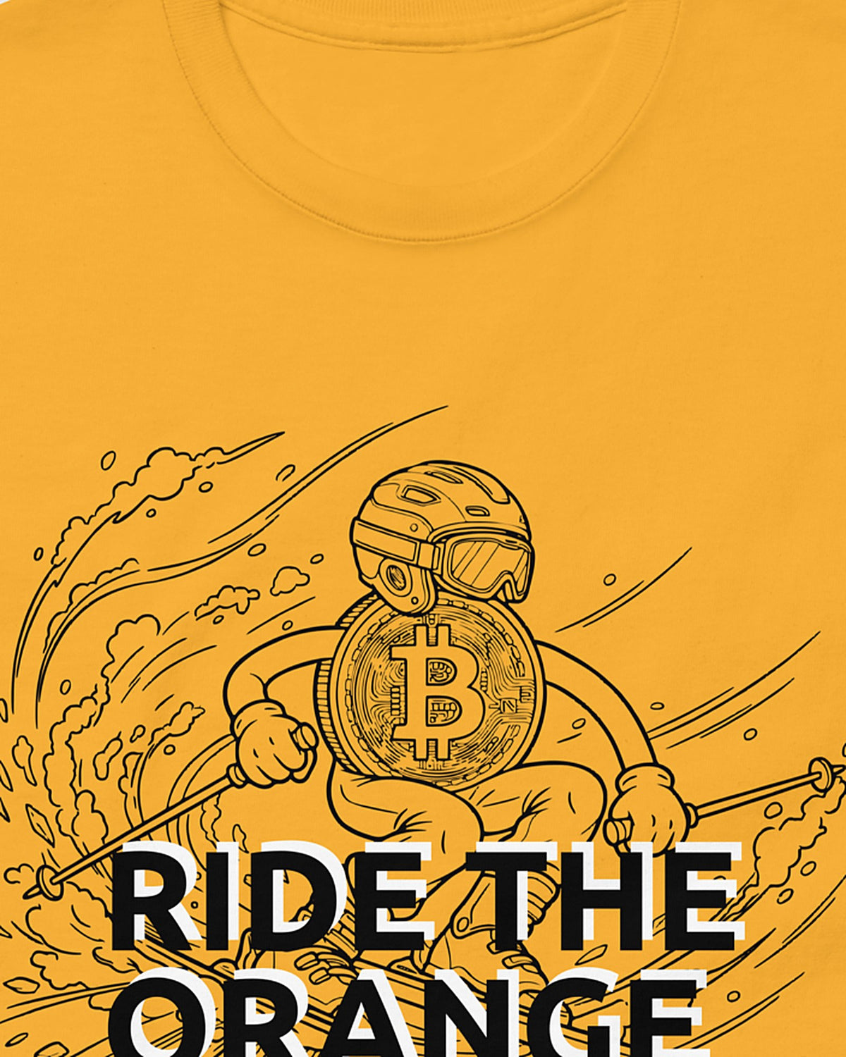 Ride The Orange Slope Ski Men's Bitcoin T-shirt on a orange t-shirt, detail view