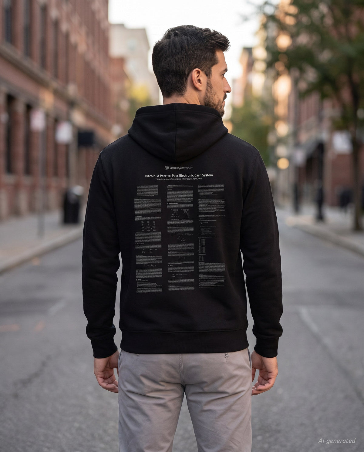 Bitcoin Whitepaper on a black hoodie, seen from behind