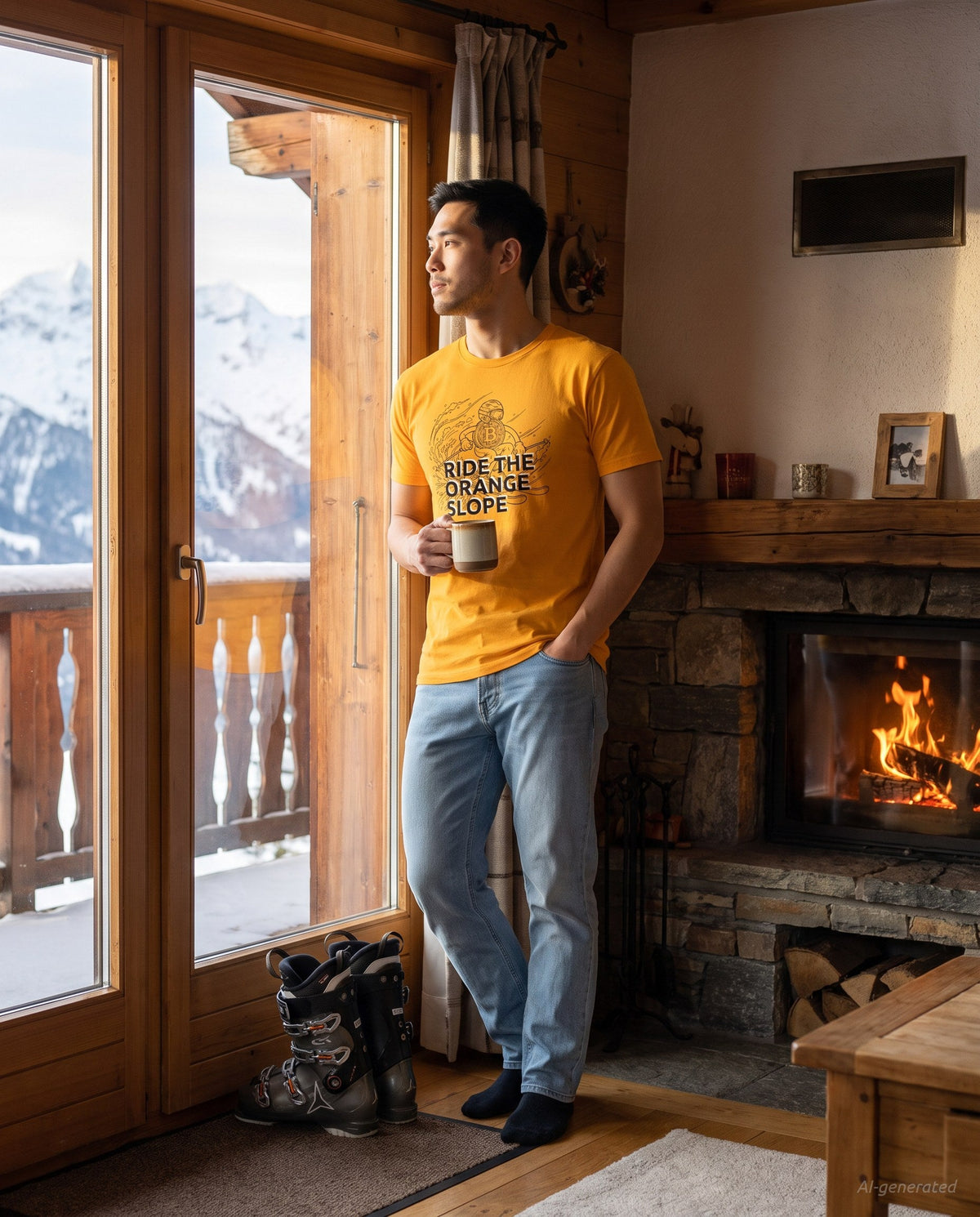Ride The Orange Slope Ski Men's Bitcoin T-shirt on a orange t-shirt, chalet lounge