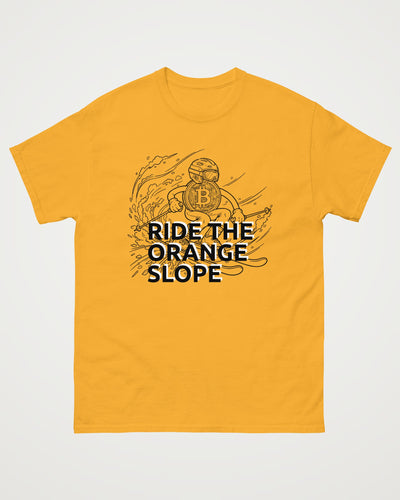 Ride The Orange Slope Ski Men's Bitcoin T-shirt on a orange t-shirt, front view