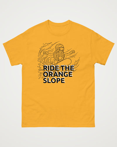 Ride The Orange Slope Snowboard Men's Bitcoin T-shirt on a orange t-shirt, front view