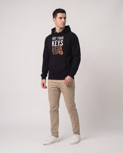Not Your Keys on a black hoodie, studio full figure