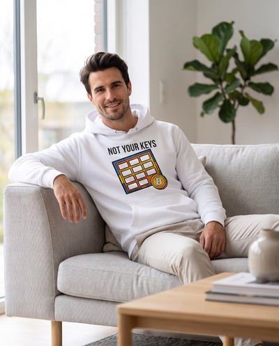 Not Your Keys on a white hoodie, scandinavian living room