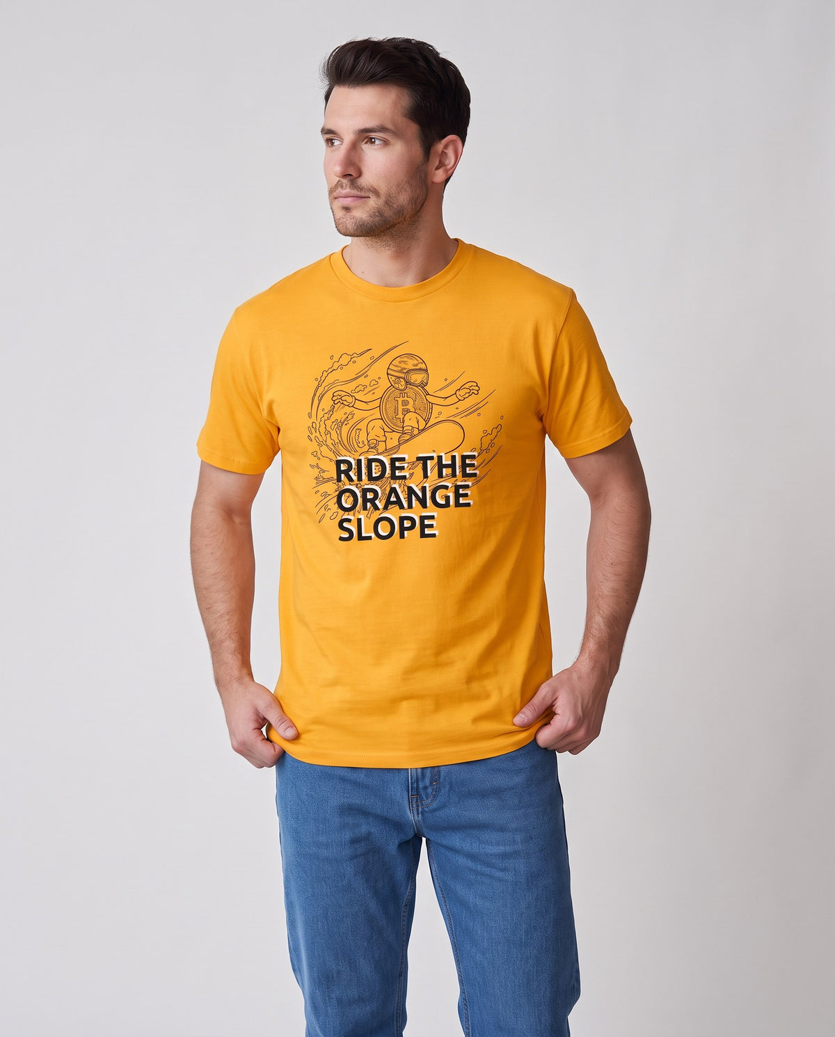 Ride The Orange Slope Snowboard Men's Bitcoin T-shirt on a orange t-shirt, studio front