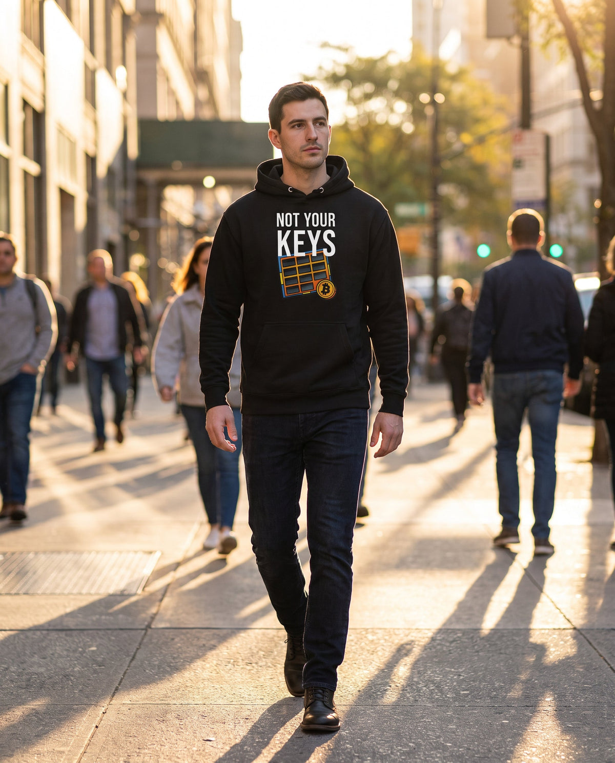 Not Your Keys on a black hoodie, city street, golden hour