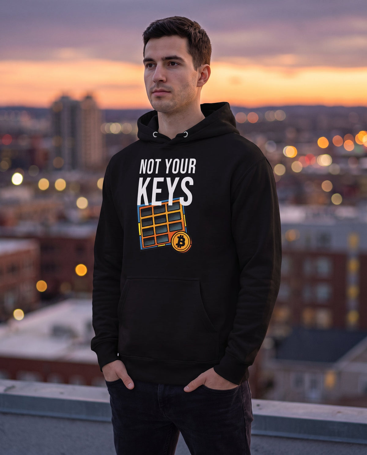 Not Your Keys on a black hoodie, rooftop at dusk