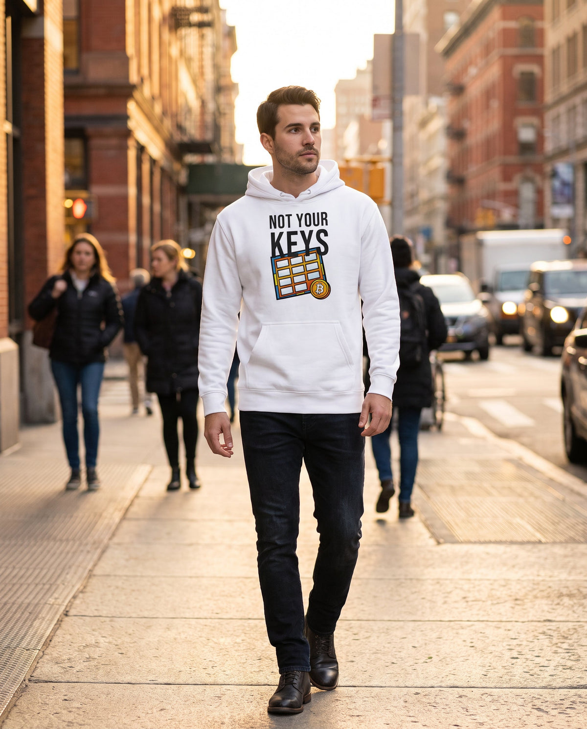 Not Your Keys on a white hoodie, city street, golden hour