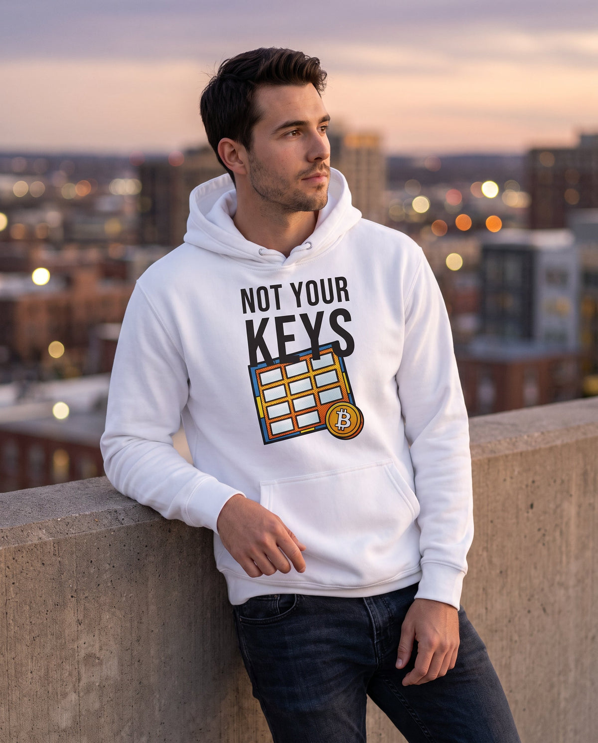 Not Your Keys on a white hoodie, rooftop at dusk