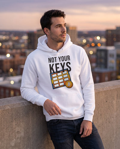 Not Your Keys on a white hoodie, rooftop at dusk
