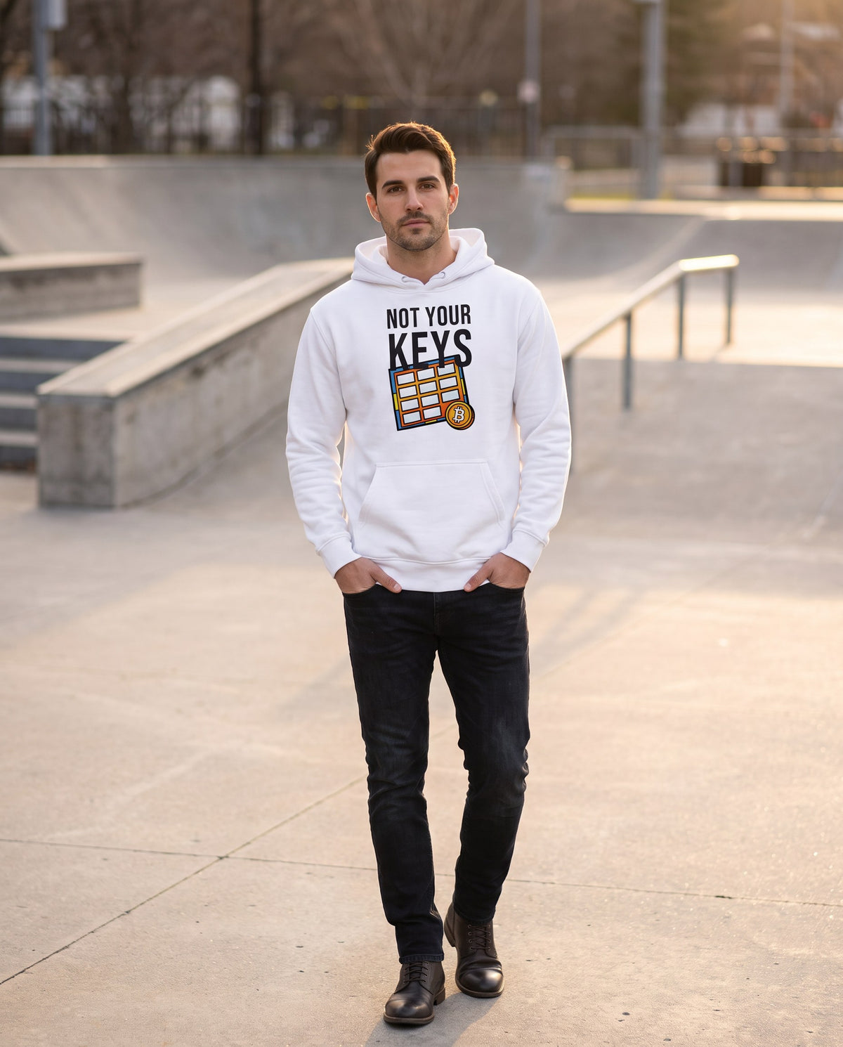 Not Your Keys on a white hoodie, concrete plaza