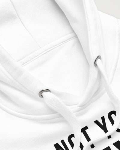 Not Your Keys on a white hoodie, detail view