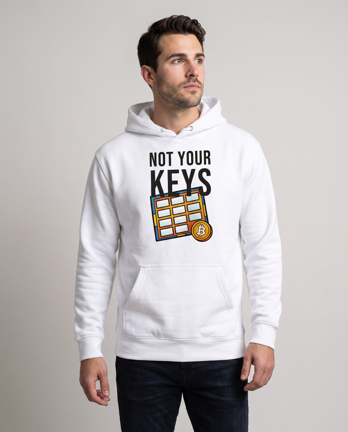 Not Your Keys on a white hoodie, studio front