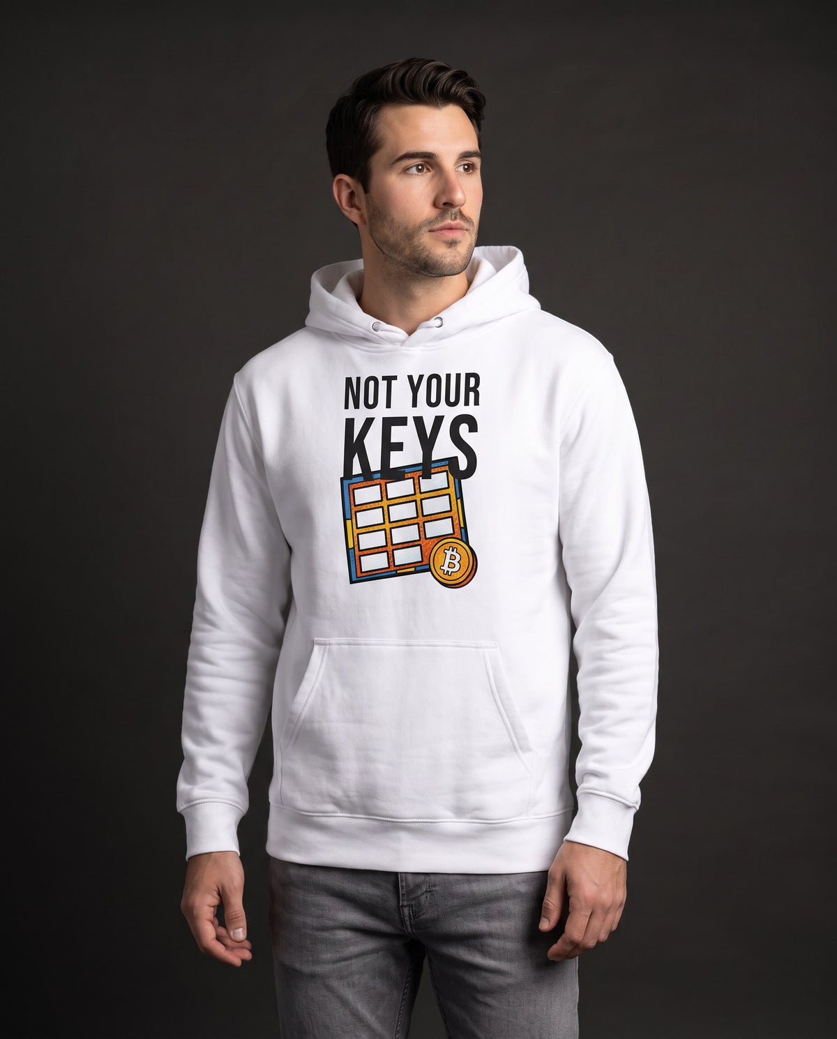 Not Your Keys on a white hoodie, studio front