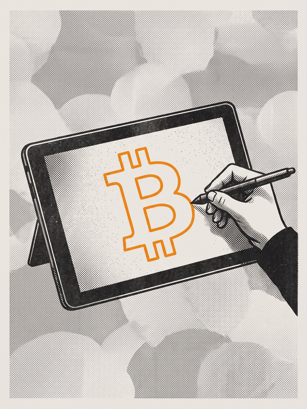 Riso Print of an outlined Bitcoin Symbol drawn on a digital Drawing Tablet