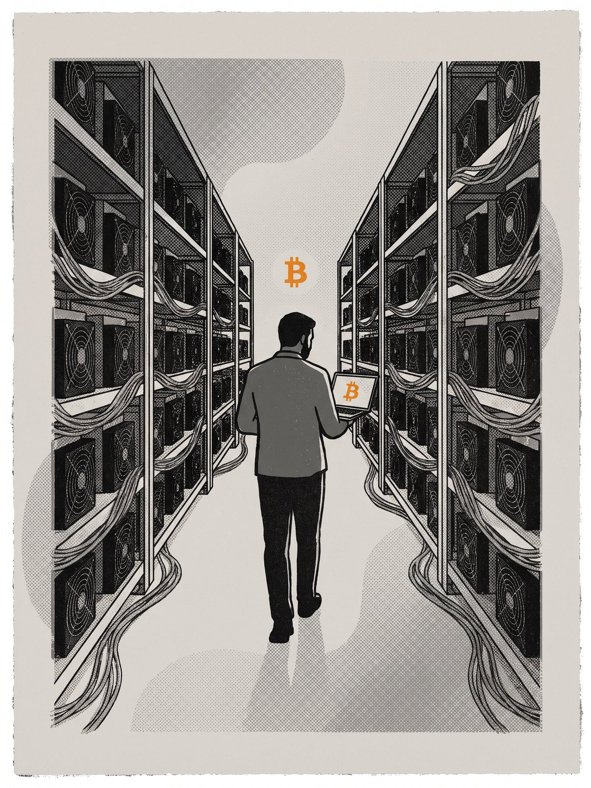 Riso Print of a Bitcoin Mining Hall with Racks of Mining Machines