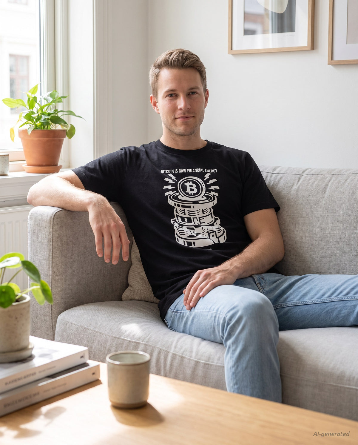Bitcoin is raw financial energy on a black t-shirt, scandinavian living room