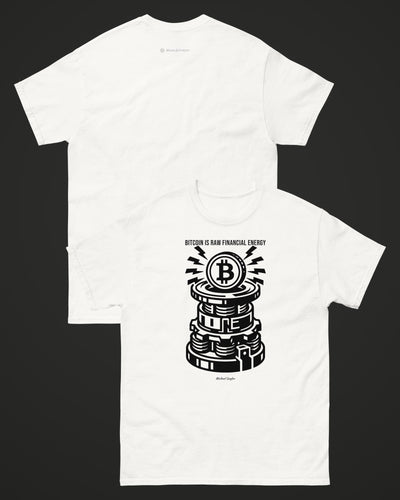 Bitcoin is raw financial energy on a white t-shirt, collage view