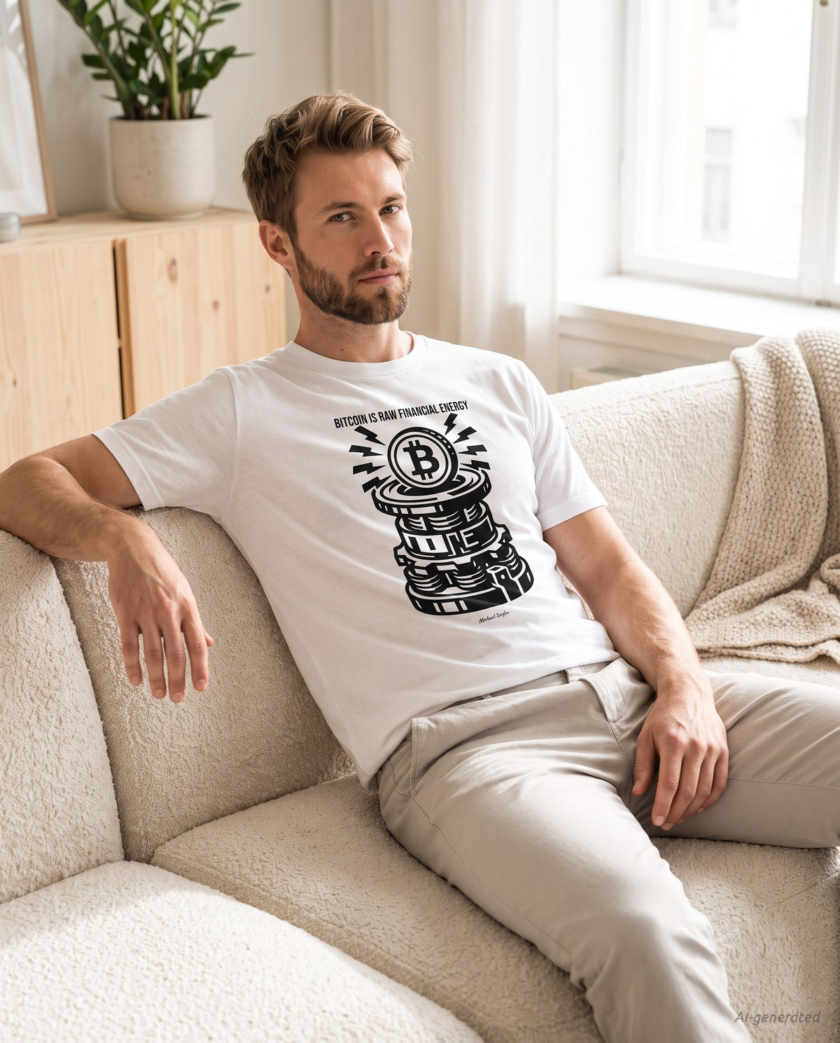 Bitcoin is raw financial energy on a white t-shirt, scandinavian living room