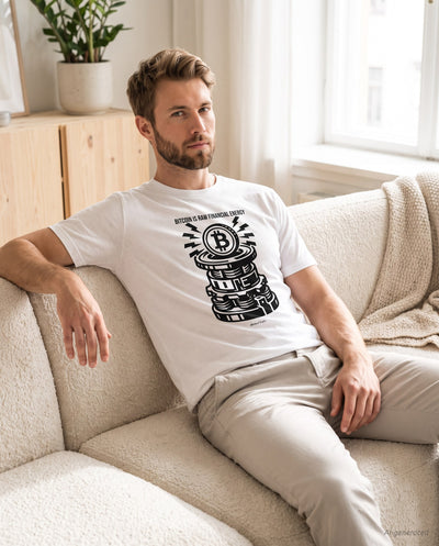 Bitcoin is raw financial energy on a white t-shirt, scandinavian living room