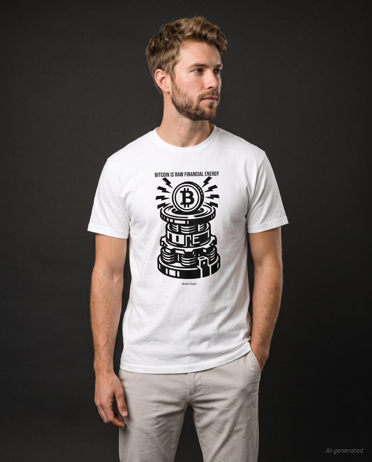 Bitcoin is raw financial energy on a white t-shirt, studio front