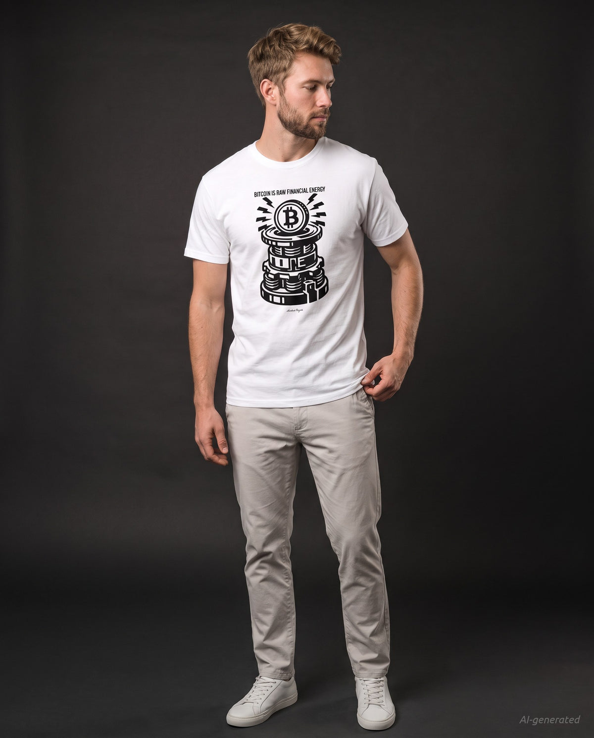 Bitcoin is raw financial energy on a white t-shirt, studio full figure