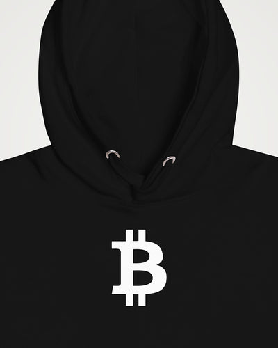 Bitcoin Symbol on a black hoodie, detail view