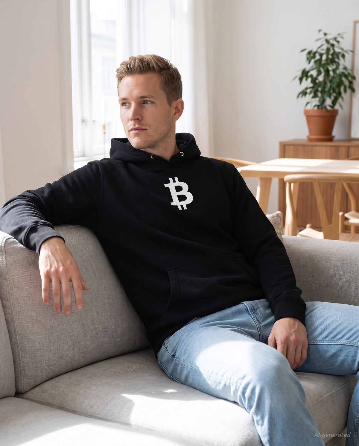 Bitcoin Symbol on a black hoodie, scandinavian living room
