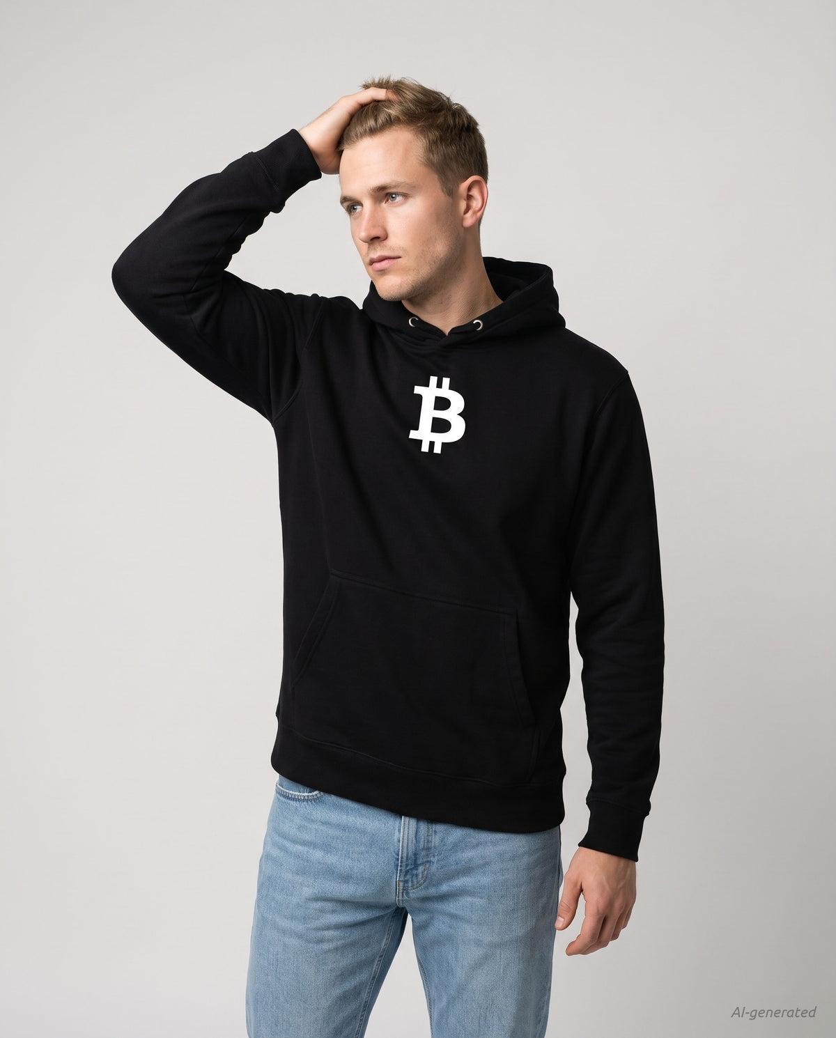 Bitcoin Symbol on a black hoodie, studio front