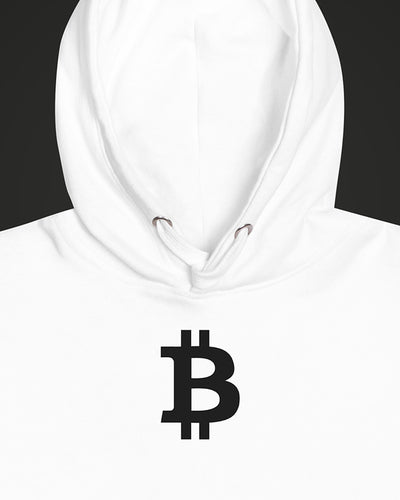 Bitcoin Symbol on a white hoodie, detail view