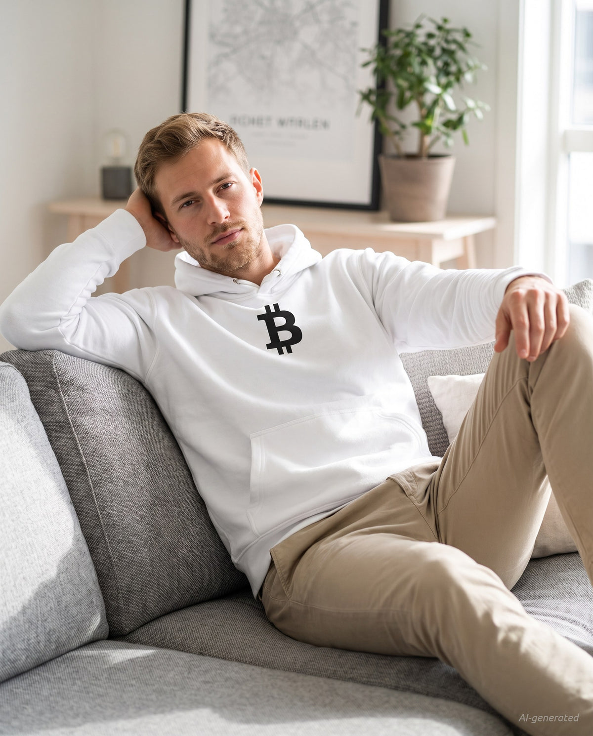 Bitcoin Symbol on a white hoodie, scandinavian living room