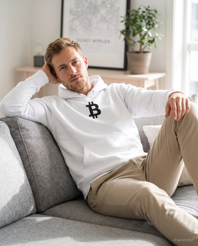 Bitcoin Symbol on a white hoodie, scandinavian living room