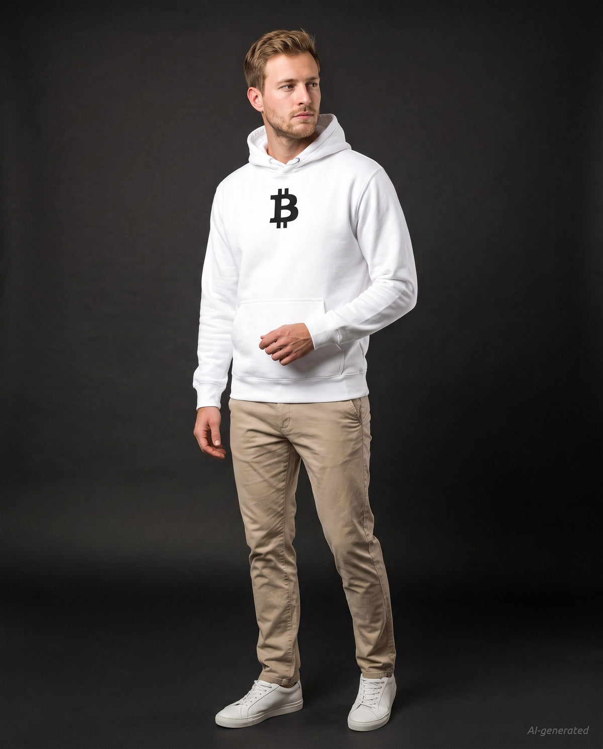 Bitcoin Symbol on a white hoodie, studio full figure