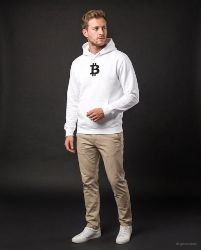 Bitcoin Symbol on a white hoodie, studio full figure