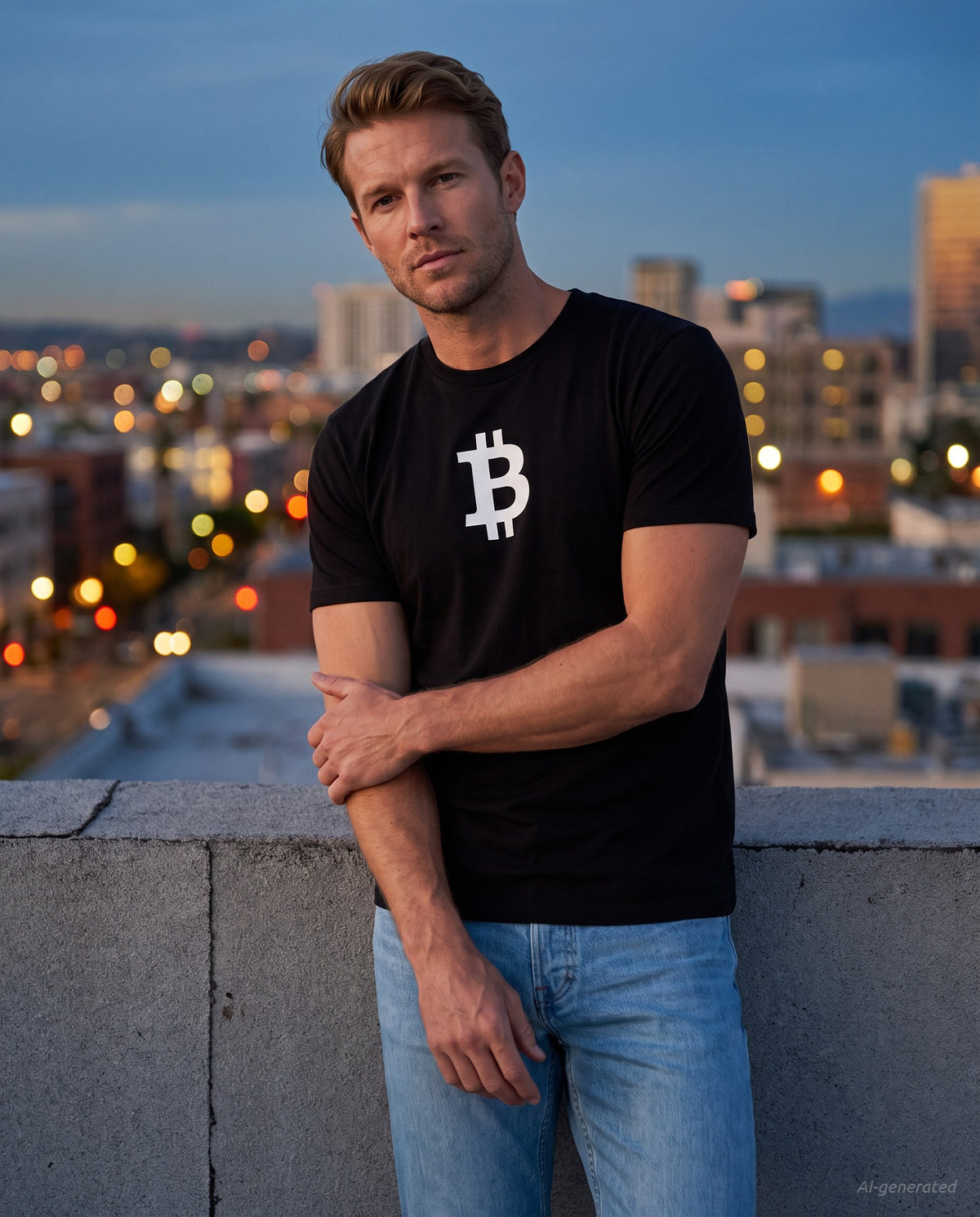 Bitcoin Symbol on a black t-shirt, rooftop at dusk