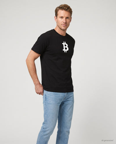 Bitcoin Symbol on a black t-shirt, studio front