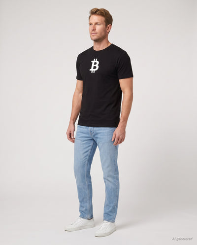 Bitcoin Symbol on a black t-shirt, studio full figure