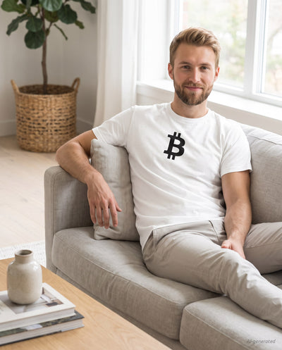 Bitcoin Symbol on a white t-shirt, scandinavian living room