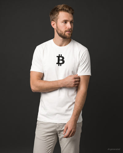 Bitcoin Symbol on a white t-shirt, studio front