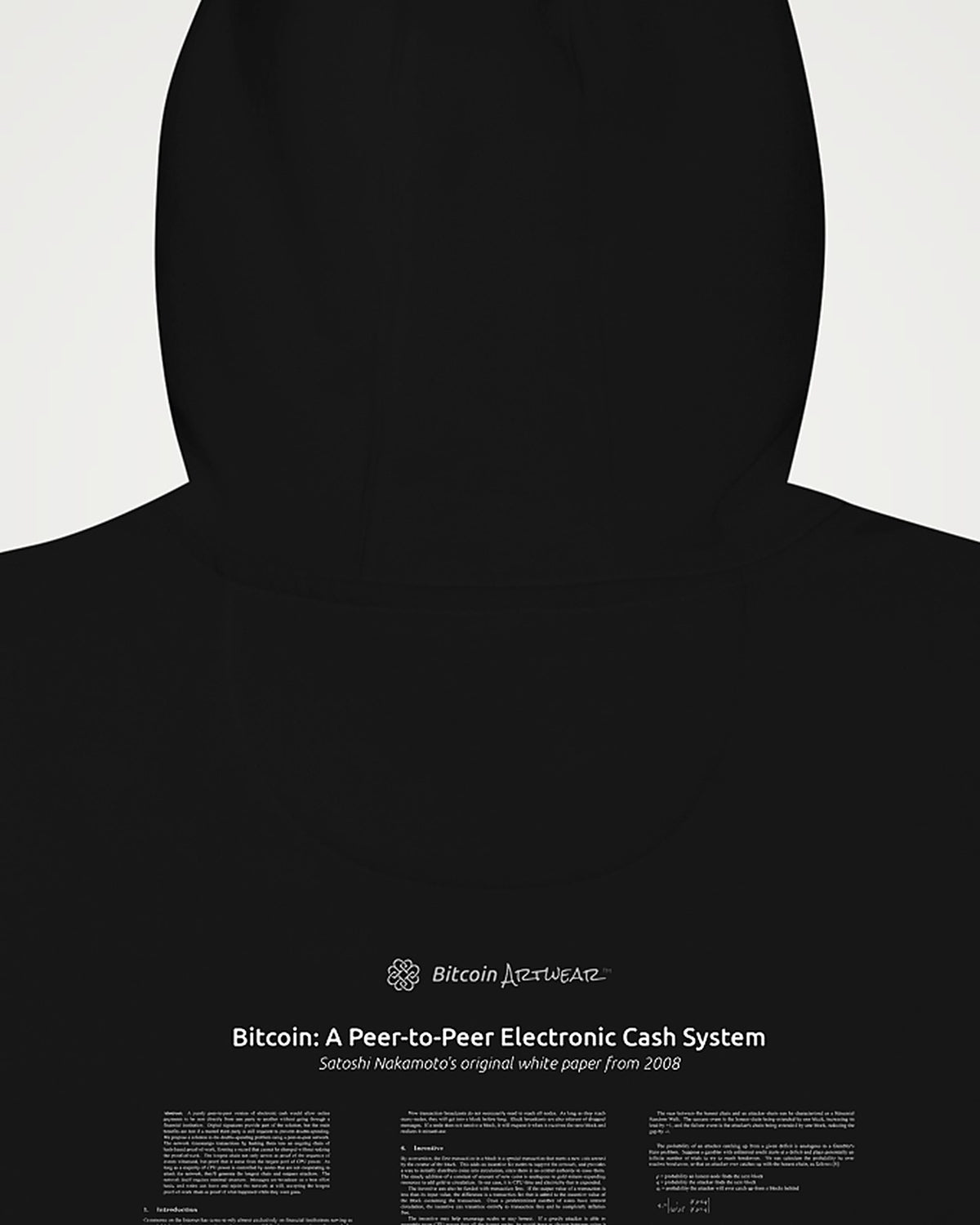 Bitcoin Whitepaper on a black hoodie, detail view