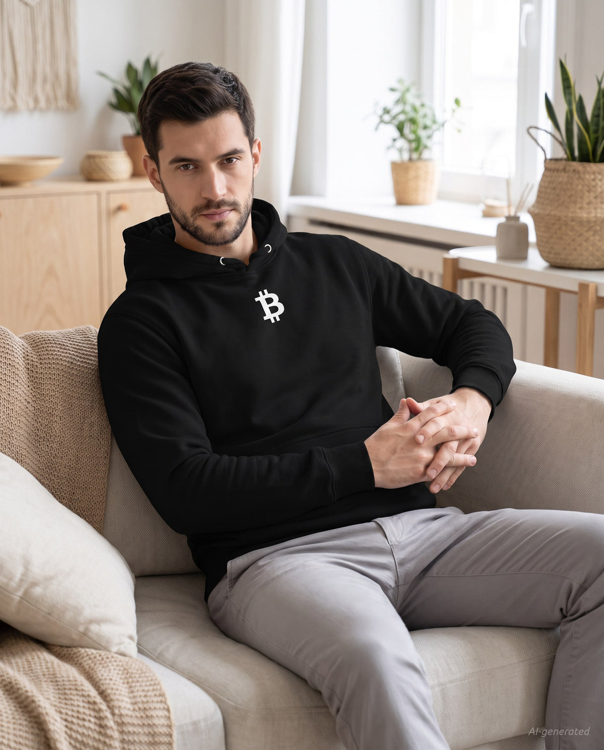 Bitcoin Whitepaper on a black hoodie, scandinavian living room