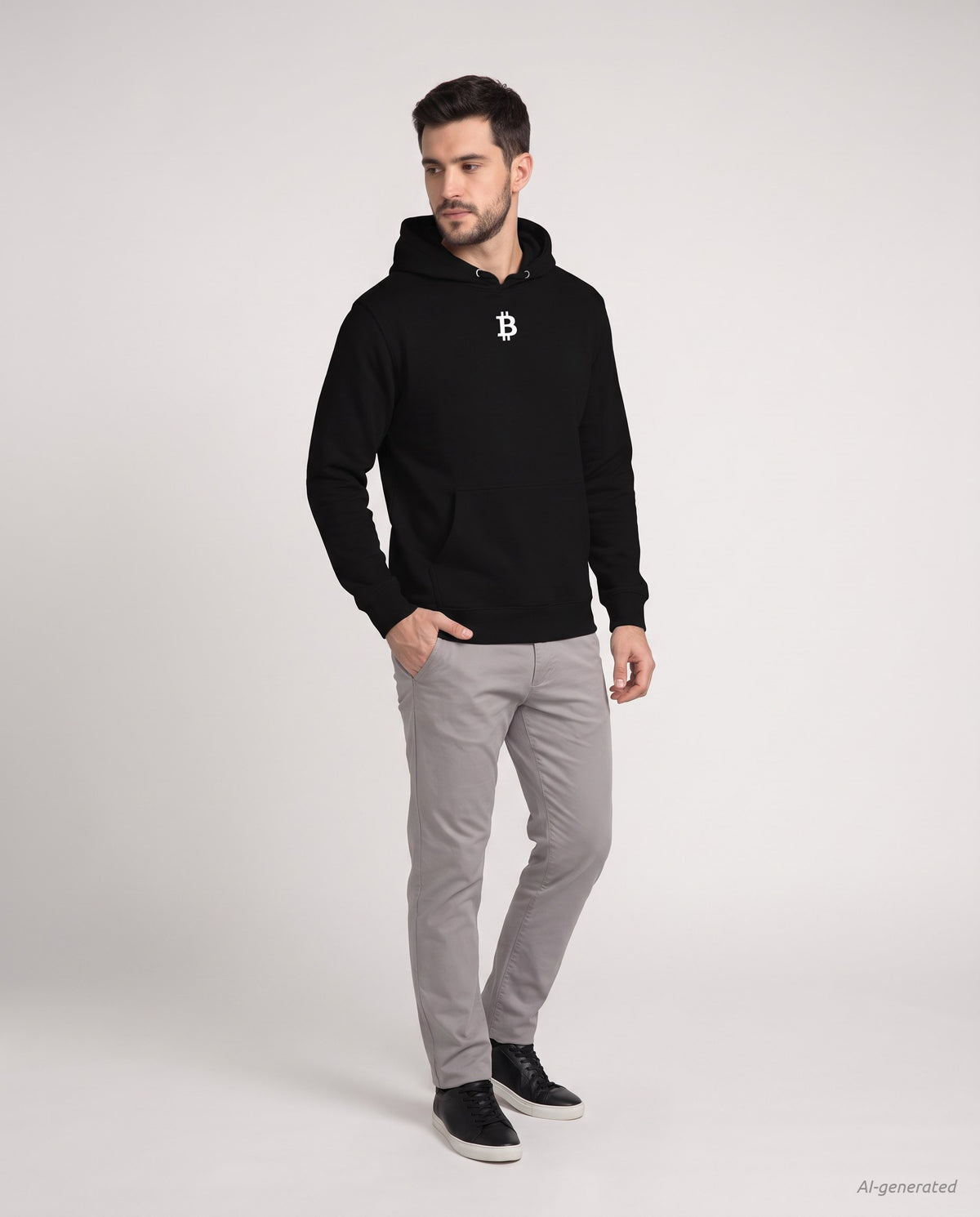 Bitcoin Whitepaper on a black hoodie, studio full figure