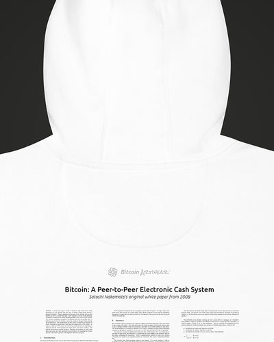 Bitcoin Whitepaper on a white hoodie, detail view