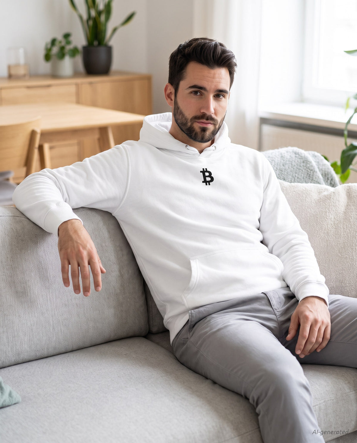 Bitcoin Whitepaper on a white hoodie, scandinavian living room