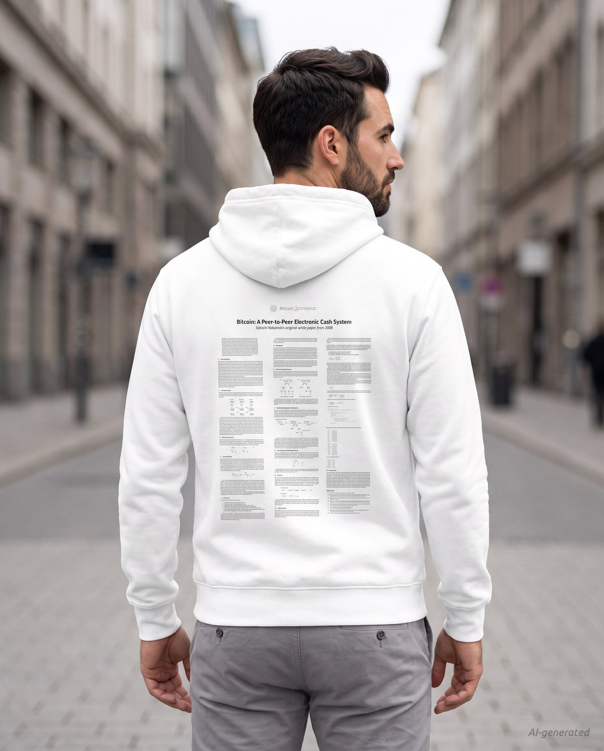 Bitcoin Whitepaper on a white hoodie, seen from behind