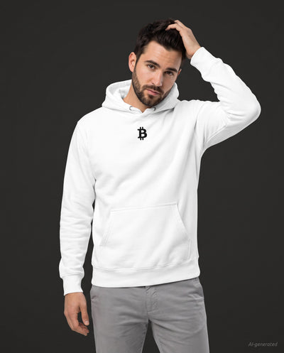 Bitcoin Whitepaper on a white hoodie, studio front