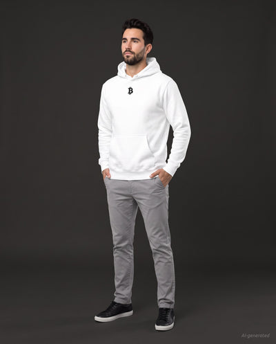 Bitcoin Whitepaper on a white hoodie, studio full figure